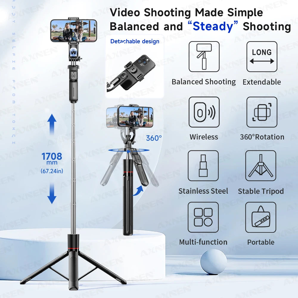 F16 Bastão de Selfie Tripé com 1708mm de Comprimento, 8 Seções, Controle Remoto Bluetooth, Rotação 360°, Interface 1/4 para Câmera de Smartphone e Vlog