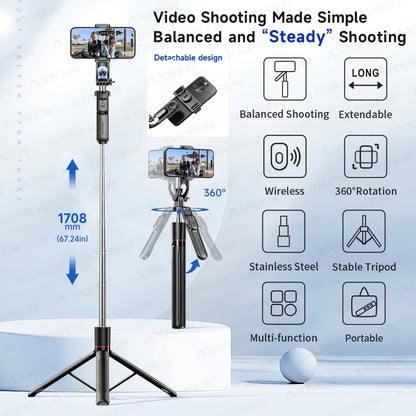 F16 Bastão de Selfie Tripé com 1708mm de Comprimento, 8 Seções, Controle Remoto Bluetooth, Rotação 360°, Interface 1/4 para Câmera de Smartphone e Vlog
