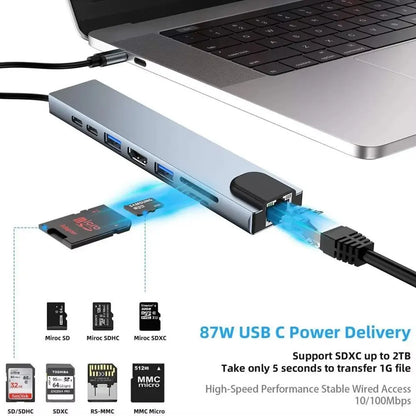 Estação de Docking USB C 8 em 1 com HDMI 4K e Adaptador Ethernet