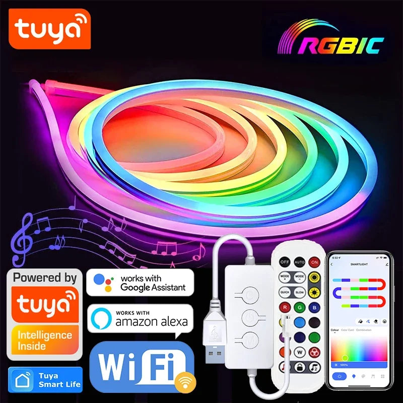 Fita de LED Neon Tuya 5M - Iluminação Flexível com Controle por Voz