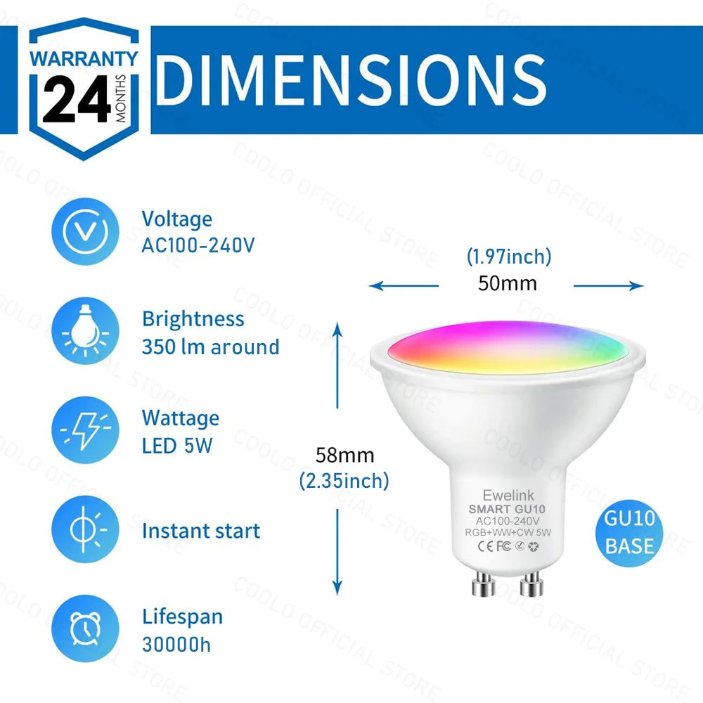 Lâmpada LED Inteligente ZigBee GU10 RGB W+C 5W - Controle pelo EWelink e Compatível com Alexa e Google Assistente
