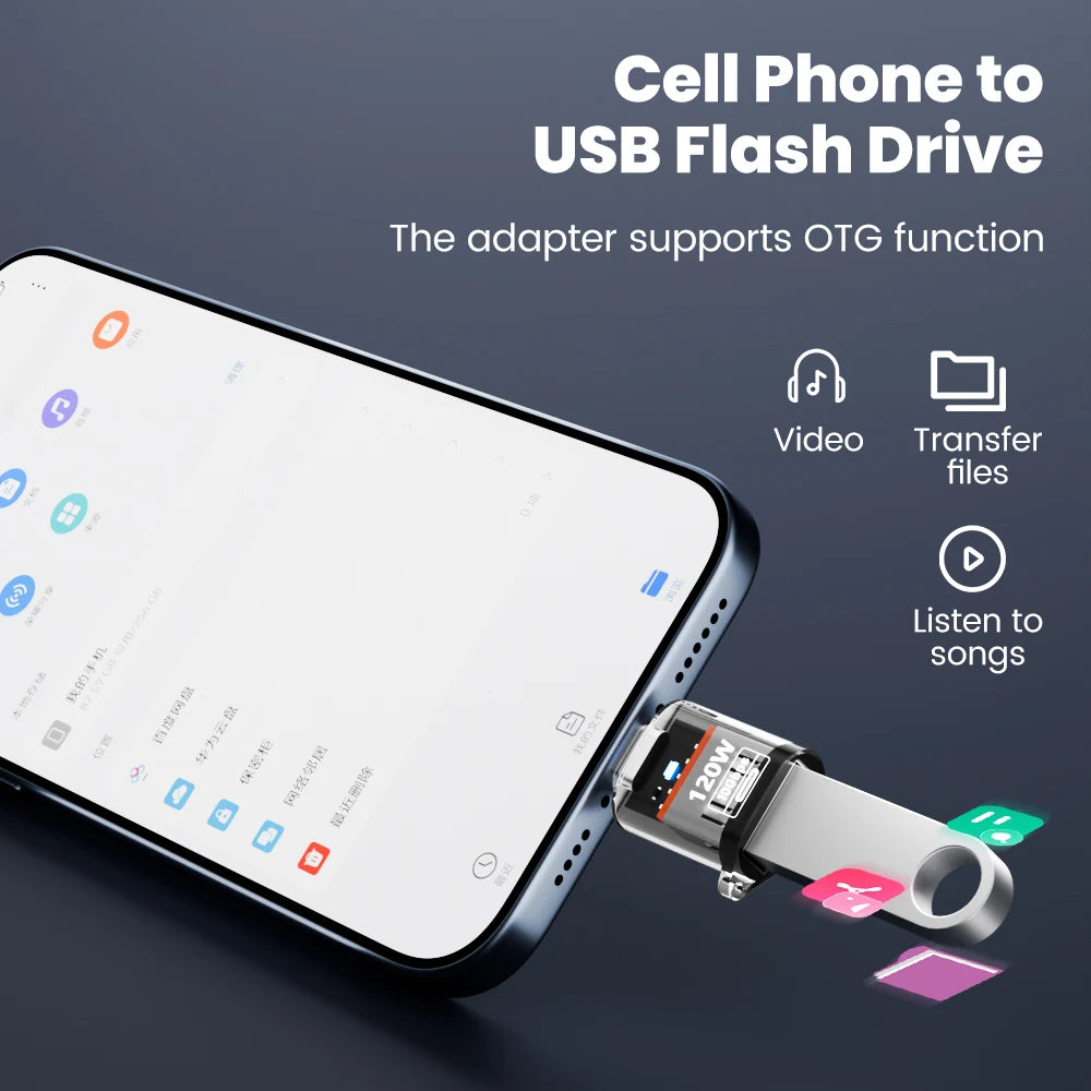 Adaptador OTG Type C para USB A 120W - Carregamento Rápido para iPhone 15/16, MacBook e iPad