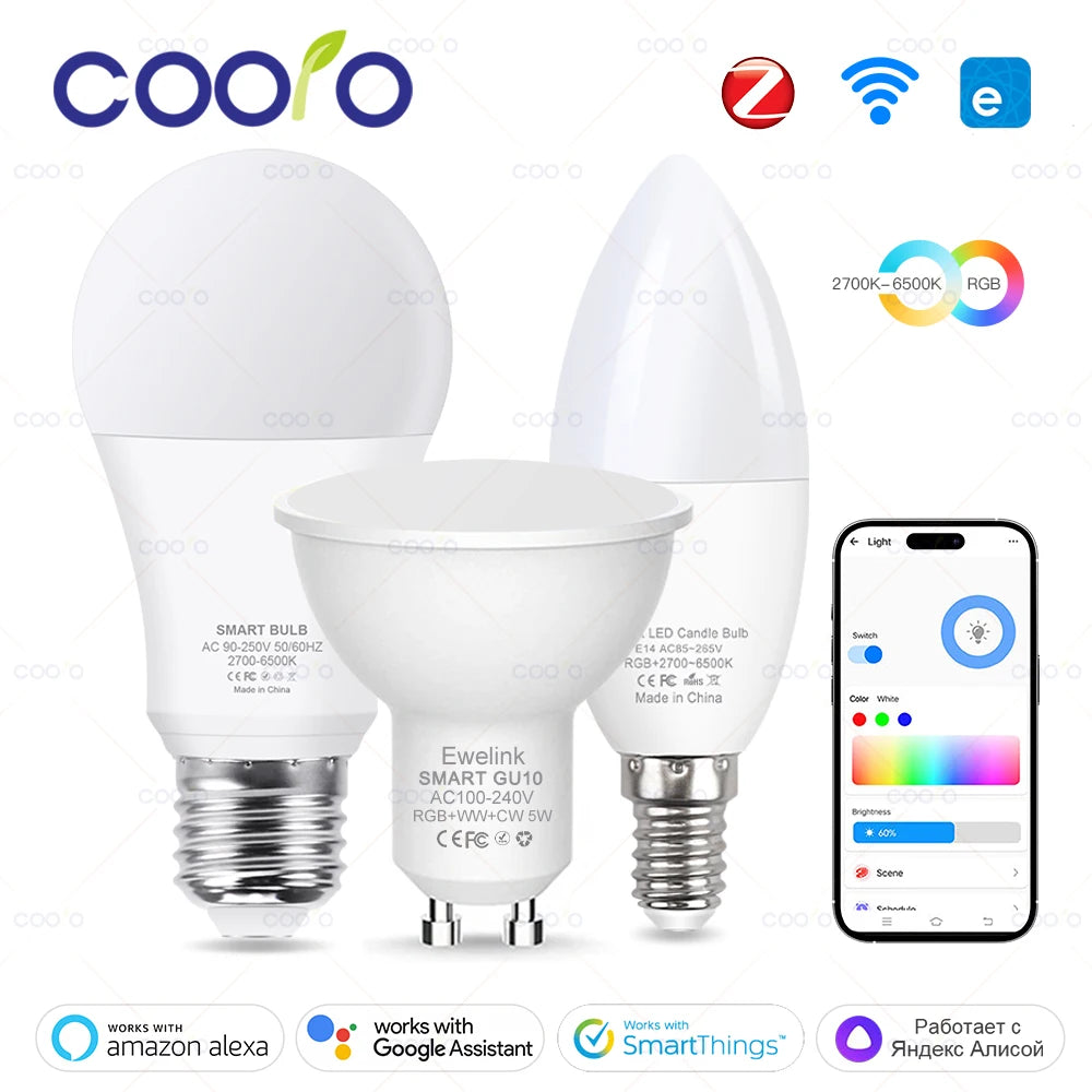 Lâmpada LED Inteligente WiFi Zigbee Dimerizável E27 E14 GU10 RGBCW 3000-6000K