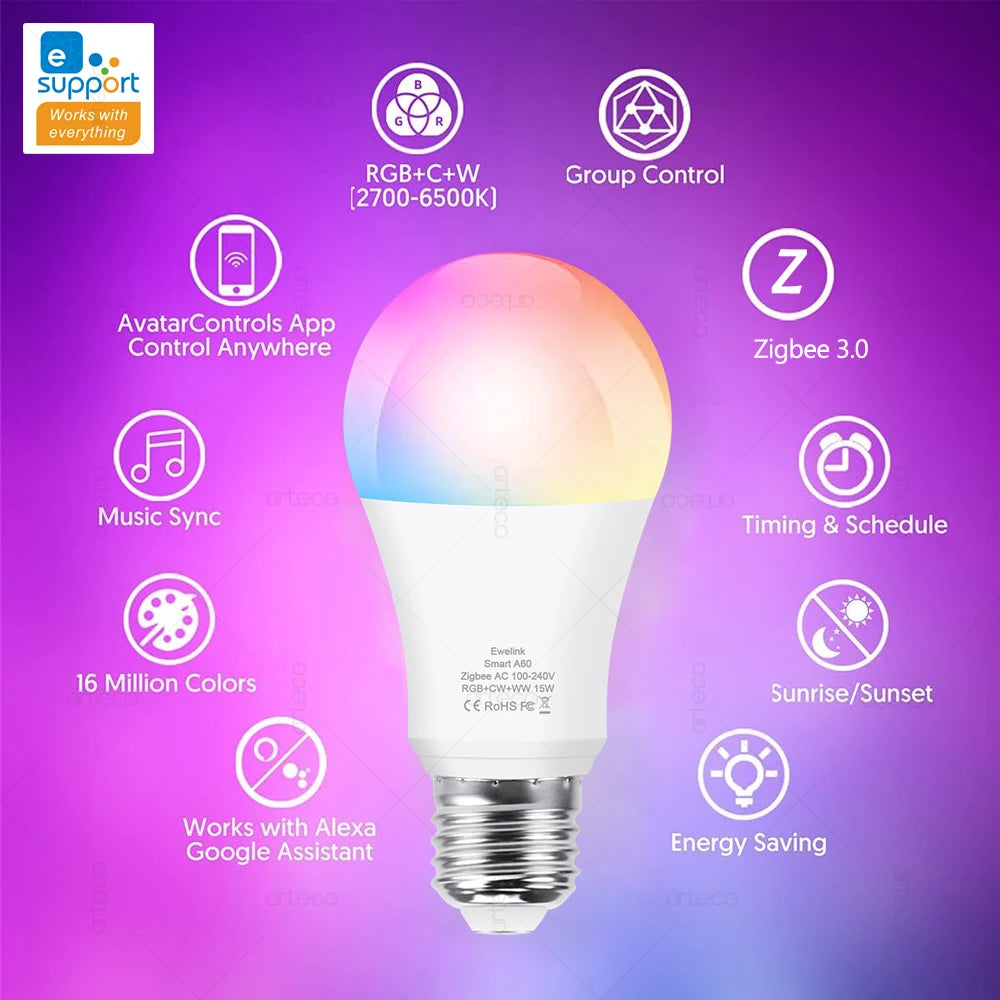 Lâmpada Inteligente Zigbee E27 RGB 15W/18W - Conectividade Total para Sua Casa