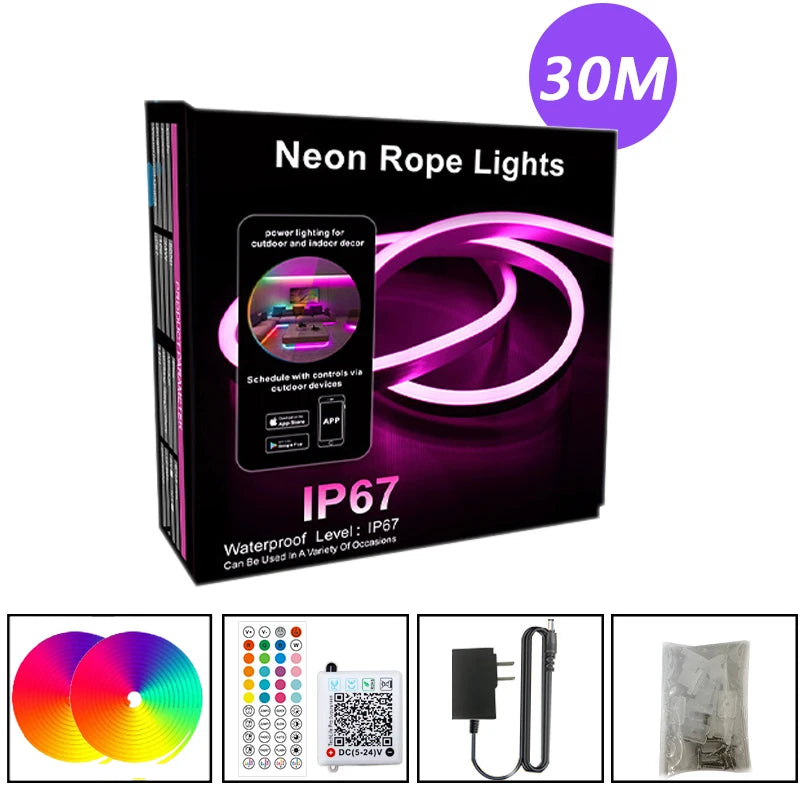 Fita de LED Neon RGB à Prova D'Água 30M DC24V com Sincronização Musical e Controle por App/Controle Remoto
