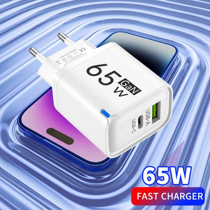 Carregador Rápido 65W GaN Type C com Duas Portas - Adaptador de Energia para Celulares