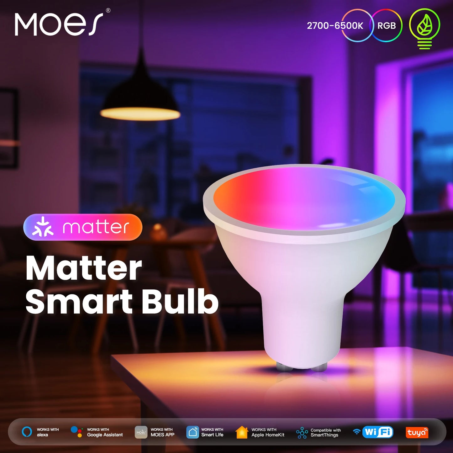 Lâmpada Inteligente MOES Tuya Matter GU10 - Controle por Voz e 16 Milhões de Cores