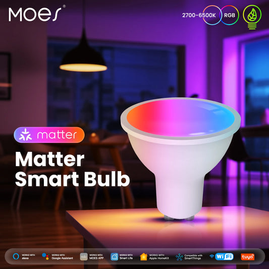 Lâmpada Inteligente MOES Tuya Matter GU10 - Controle por Voz e 16 Milhões de Cores