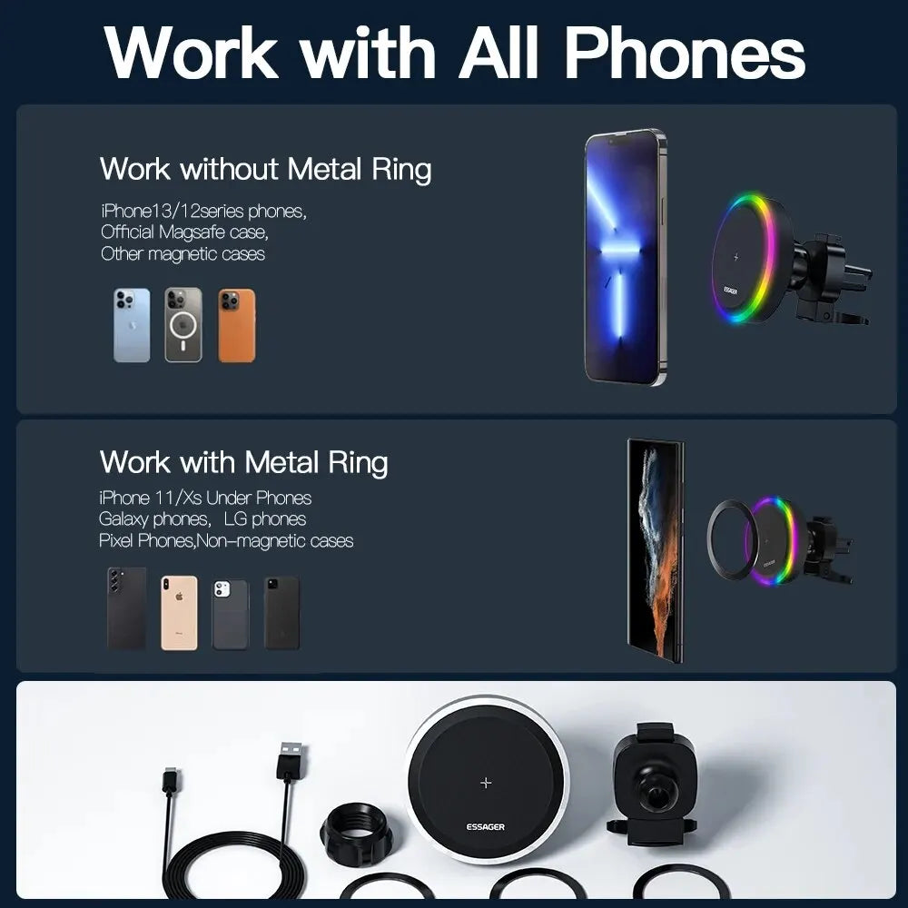 Suporte Magnético para Celular Essager RGB com Carregador Sem Fio Qi 15W