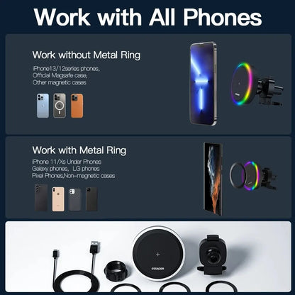 Suporte Magnético para Celular Essager RGB com Carregador Sem Fio Qi 15W
