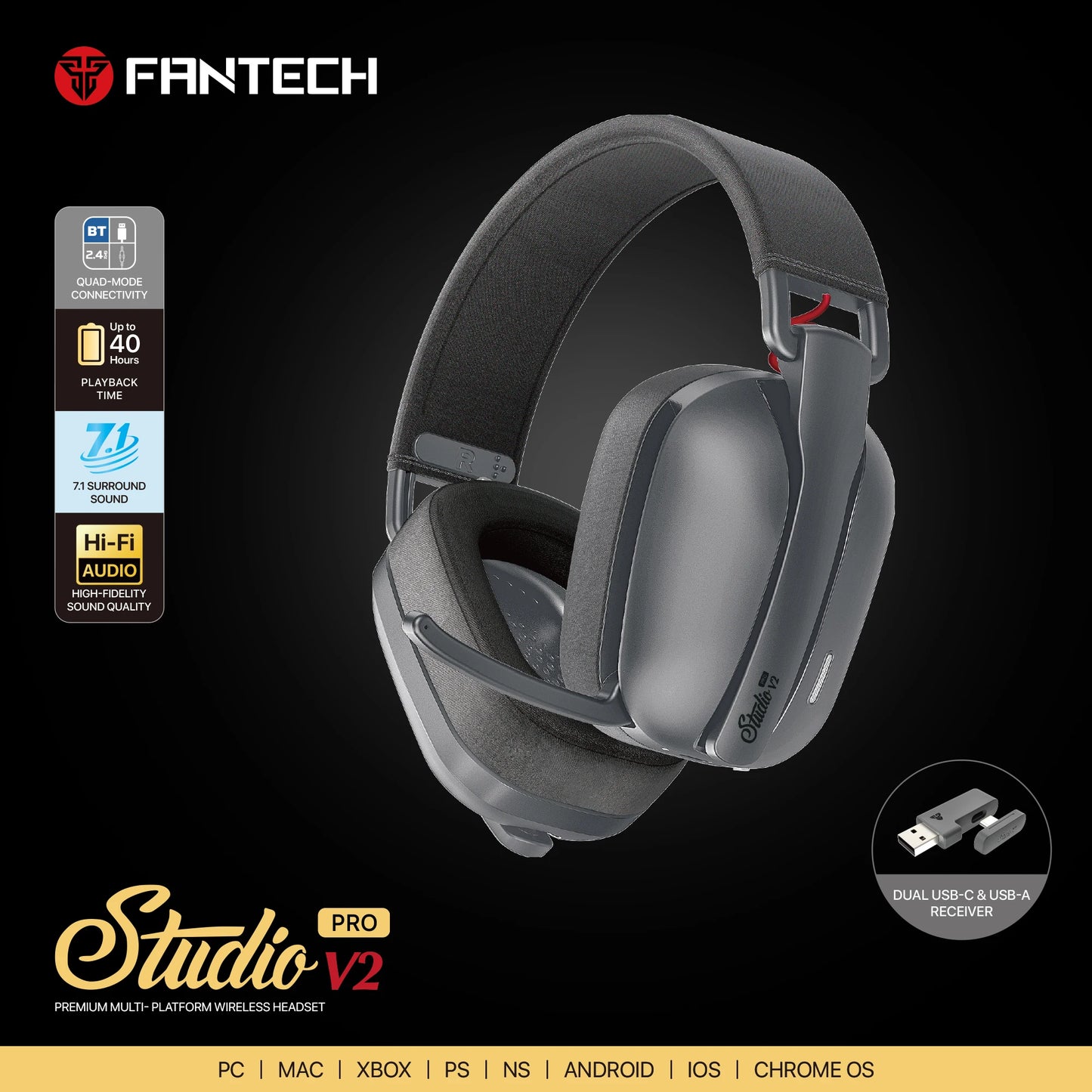 FANTECH WHG03P STUDIO PRO - Headset Gamer com Fio e Bluetooth 7.1 Surround