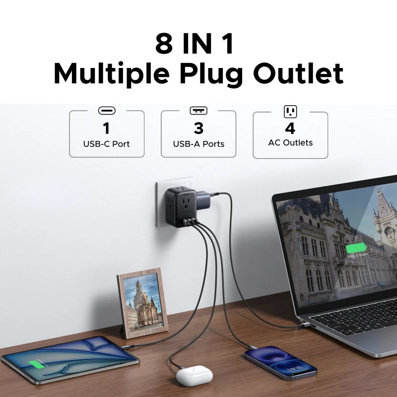 UGREEN Extensor de Tomadas 20W - 4 Tomadas AC, 3 USB-A e 1 USB-C
