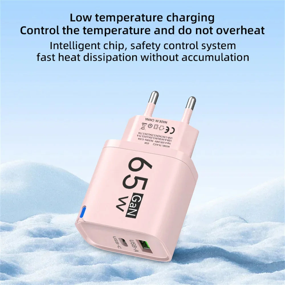Carregador Rápido 65W GaN Type C com Duas Portas - Adaptador de Energia para Celulares