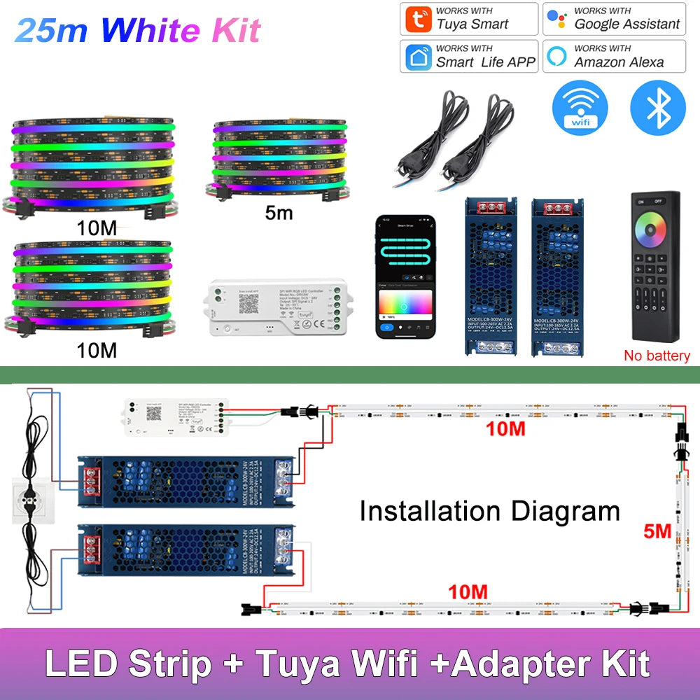 Fita de LED COB RGB Endereçável 1-25M 24V WS2811 com Controle Tuya WiFi