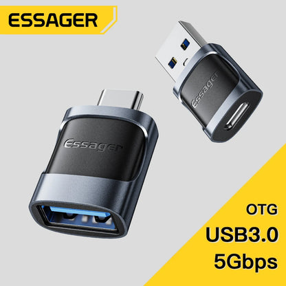 Adaptador OTG Essager USB 3.0 para Type-C - Conector USB A Masculino para Micro USB Type-C Feminino
