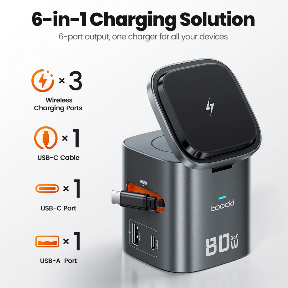 Estação de Carregamento Toocki 80W 6 em 1 com GaN para Magsafe 15W e Cabo Retrátil 60W