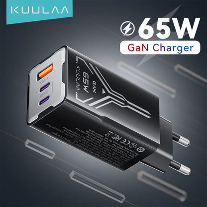 Carregador KUULAA 65W GaN - Carregamento Rápido 4.0 e 3.0 para iPhone 15, 14, 13 Pro Max e Laptops