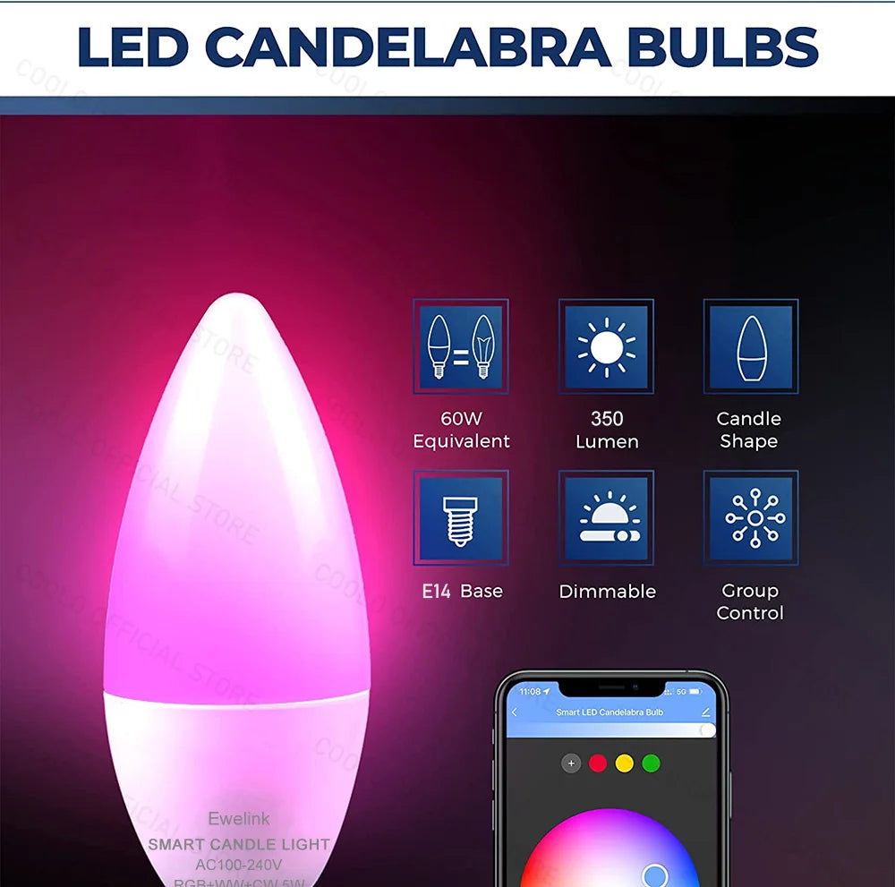 Lâmpada Inteligente Ewelink E14 Wifi Zigbee RGBCW - Compatível com Alexa, Google Home e SmartThings