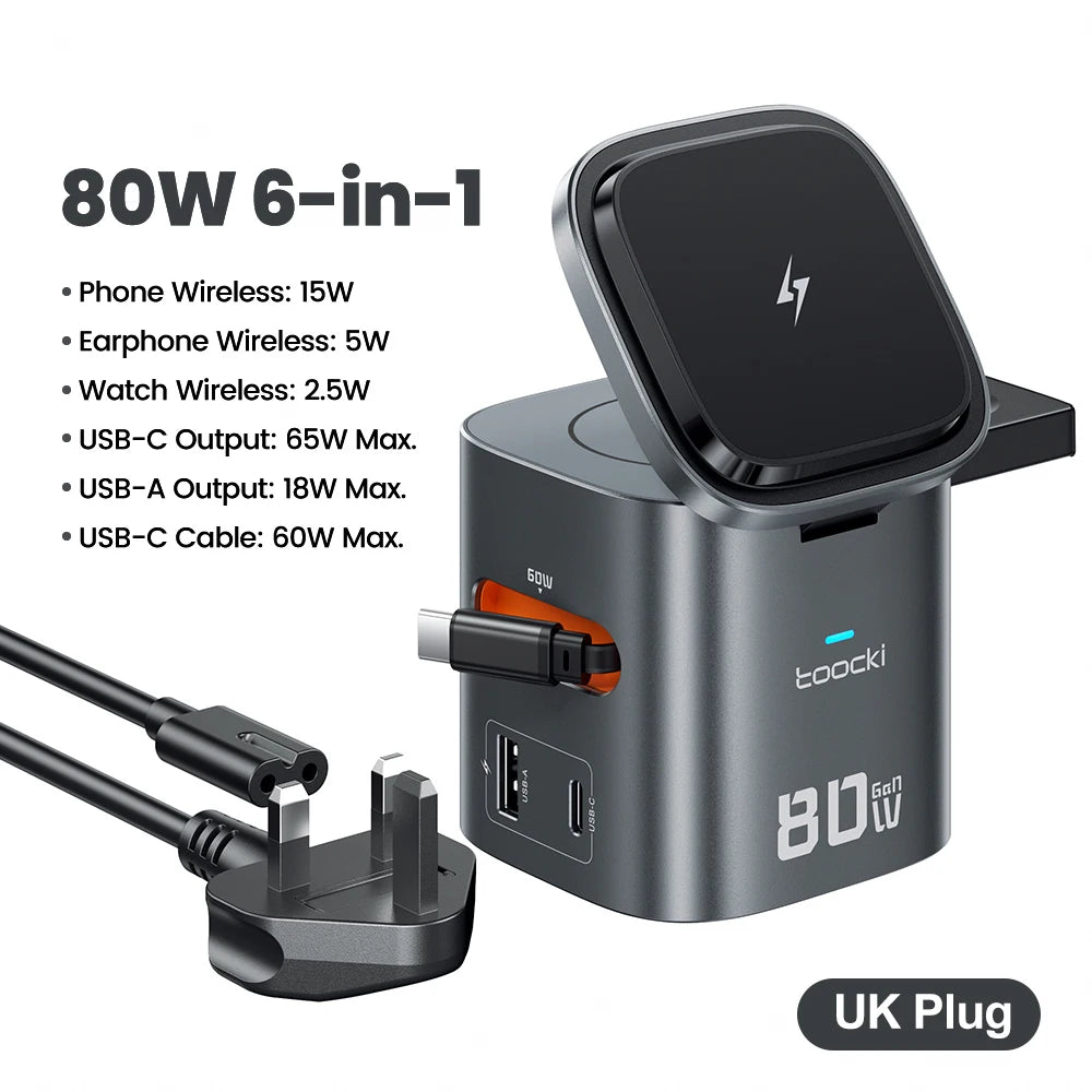 Estação de Carregamento Toocki 80W 6 em 1 com GaN para Magsafe 15W e Cabo Retrátil 60W