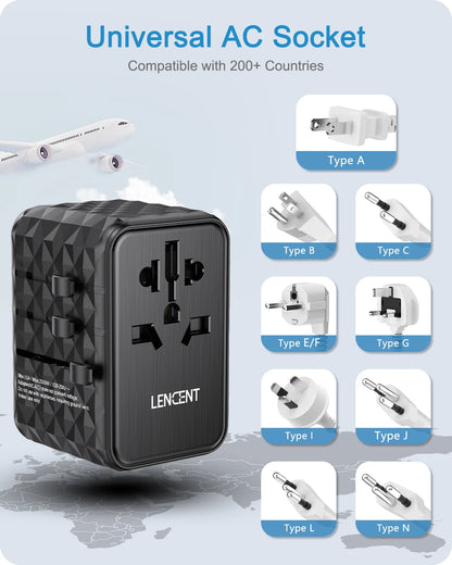 Adaptador de Viagem Universal LENCENT 65W GaN com 2 USB e 3 Type C - Carregador Rápido para EU