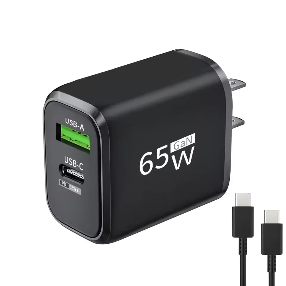 Carregador Rápido PD 65W GaN 2 em 1 - Plugue EU com Duas Portas USB Type C