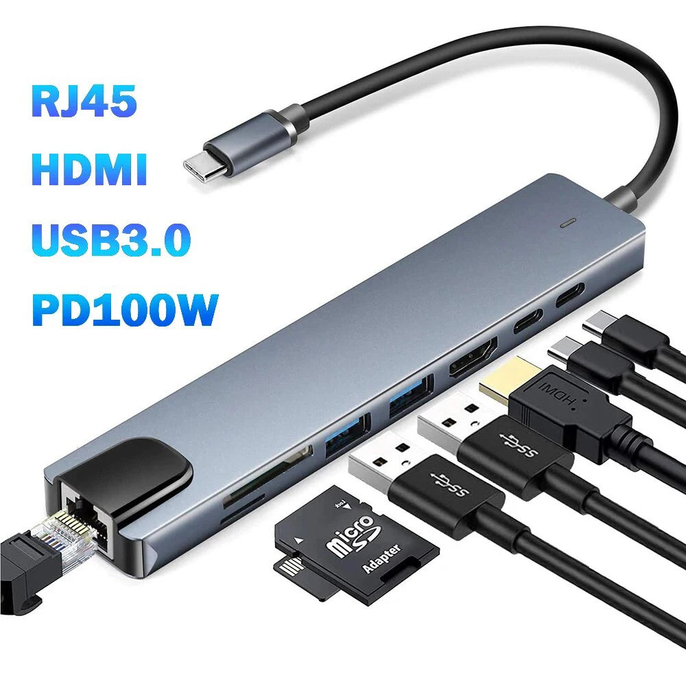 Estação de Docking USB C 8 em 1 com HDMI 4K e Adaptador Ethernet