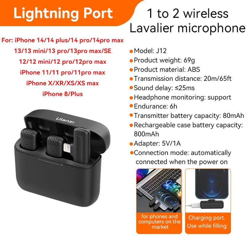 Microfone Lavalier Sem Fio ULANZI para iPhone 17 e 16 e iPad - Microfone 2 em 1 com Estojo de Carregamento