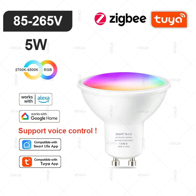 Lâmpada Inteligente Tuya E27 E14 GU10 WiFi Zigbee Bluetooth - LED Dimmable RGB 2700-6500K