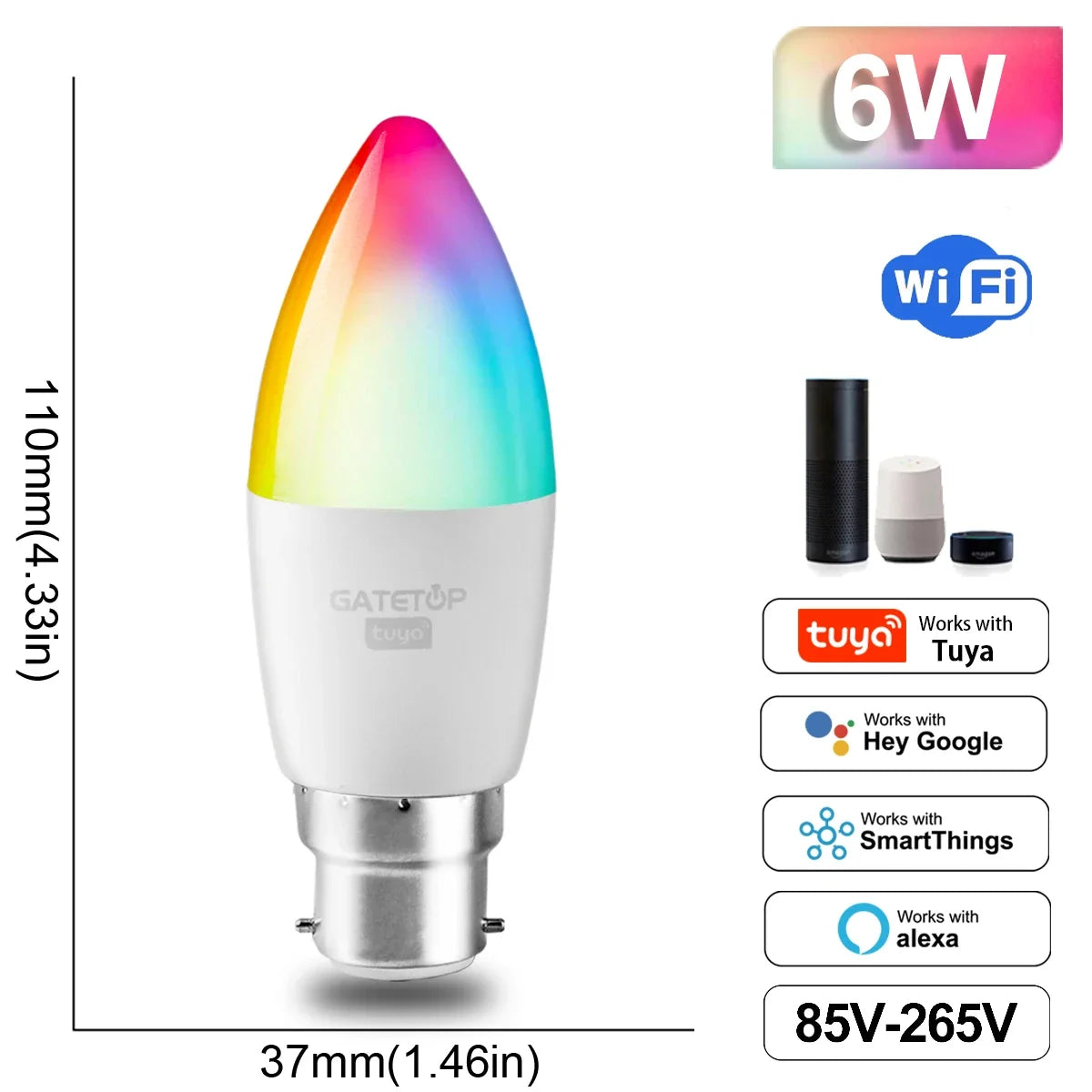 Lâmpada Inteligente RGB Dimmable Tuya - Conectividade Wi-Fi e Compatível com Alexa e Google Home