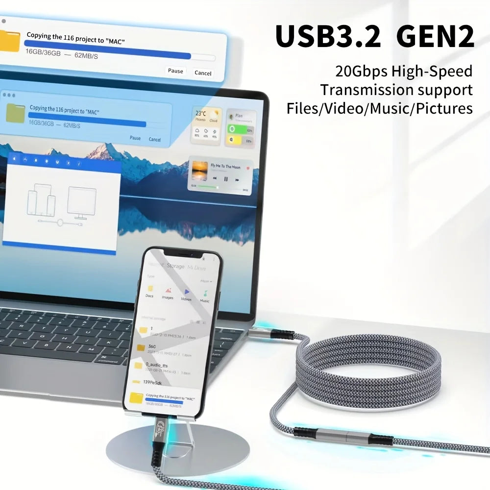 Cabo Extensor USB-C 10 pés - Carregamento 240W e Transmissão de Dados 20Gbps