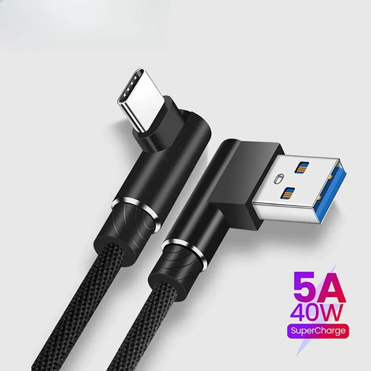 Cabo USB para Type C com Curva de 90 Graus - Carregamento Rápido 40W