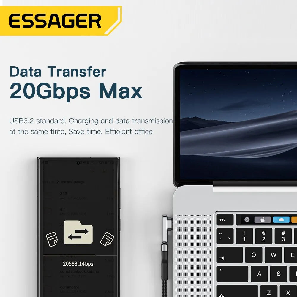Adaptador Magnético USB-C Essager PD 100W - Carregamento Rápido e Sincronização de Dados 20Gbps