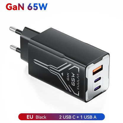 Carregador KUULAA 65W GaN - Carregamento Rápido 4.0 e 3.0 para iPhone 15, 14, 13 Pro Max e Laptops