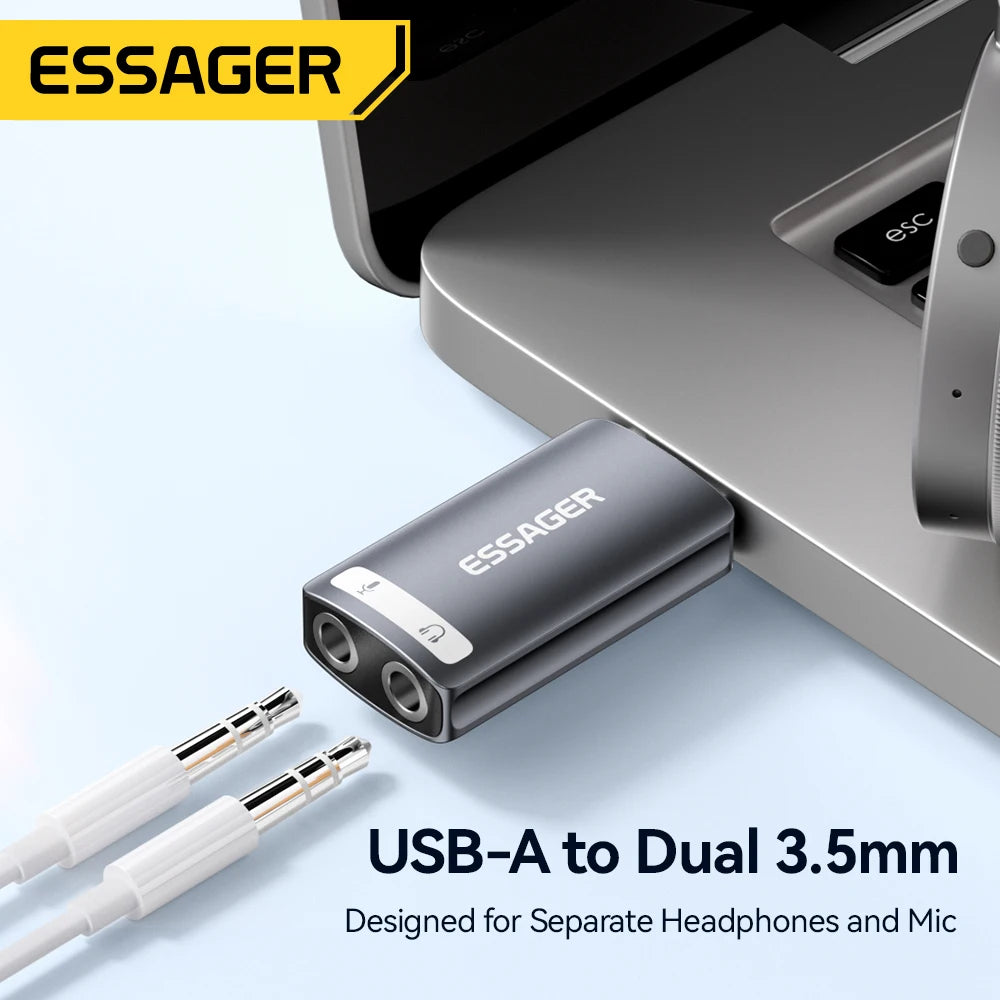 Adaptador de Áudio USB Essager para Fones de Ouvido e Microfone 3.5mm