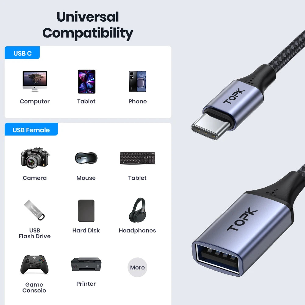 Adaptador OTG USB-C para USB-A TOPK - Conexão Rápida e Versátil