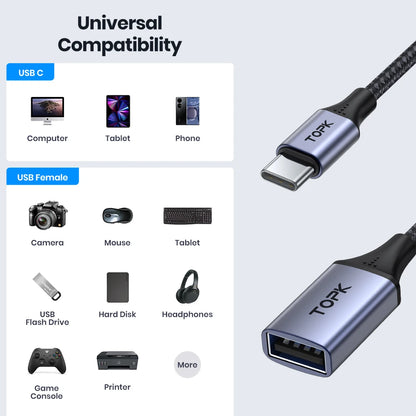 Adaptador OTG USB-C para USB-A TOPK - Conexão Rápida e Versátil
